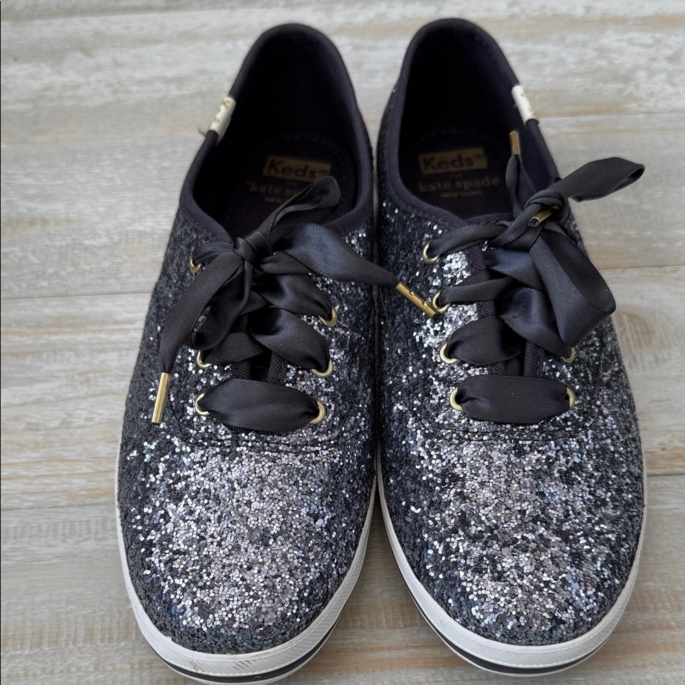 Keds for Kate Spade Blue Glitter Sneakers with Satin Laces EUC Size 7.